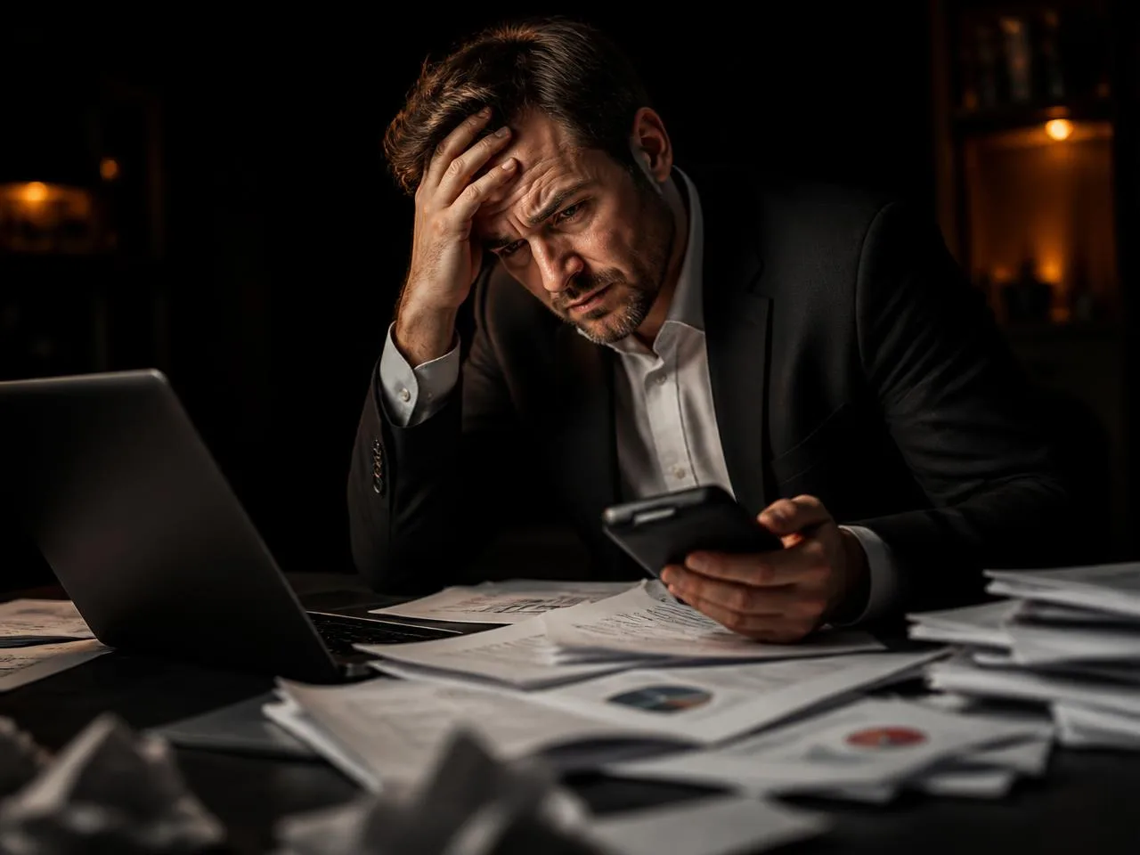 Imprenditore confuso davanti a fatture e report di un'agenzia